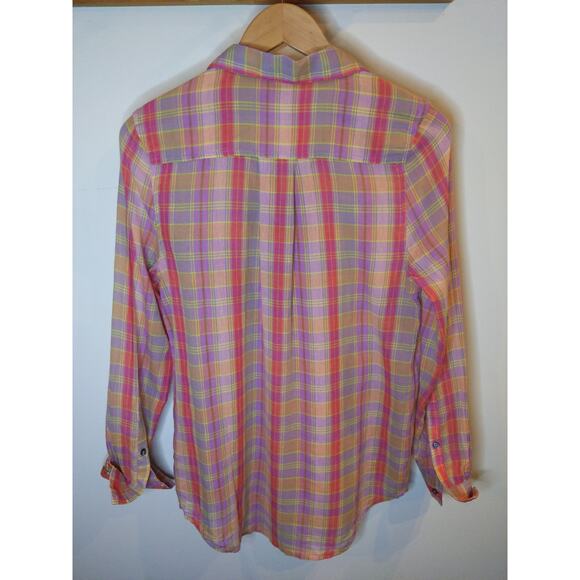 Sundance Purple Pink Plaid Button Shirt Floral Cuffs Cotton Small Preppy Boho - Picture 6 of 7